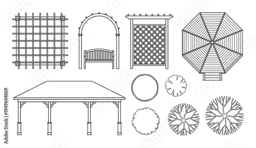 Collection of garden structures and landscaping elements in outline style