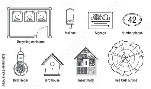 Outline set of outdoor garden elements top view, nature infrastructure, recycling, mailbox, signage, tree