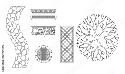 Top view outline set of outdoor park and garden elements, nature infrastructure, path, bench, tree