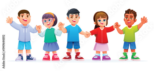 Diverse group of happy young boys and girls holding hands standing in a row. Vector cartoon character illustration