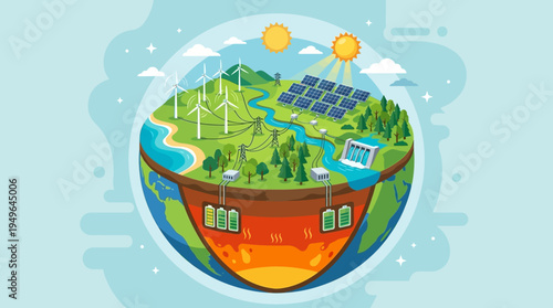 Planet Earth Cutaway Showing Renewable Energy Systems and Geothermal Layers