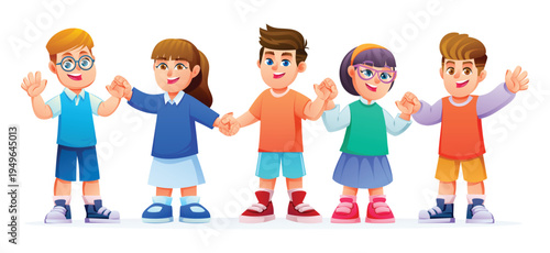 Five diverse little kids holding hands and waving with happy expressions in a row. Vector cartoon character illustration