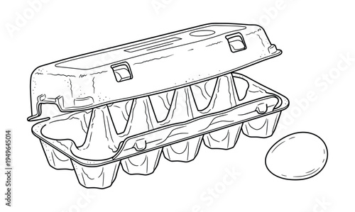 Empty plastic egg carton with one whole egg next to it, detailed line art illustration