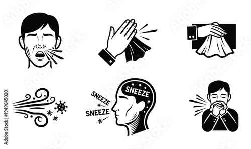 Illustration of people sneezing and spreading germs, spread of infection symbols