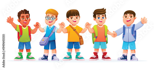 Group of happy diverse schoolboys wearing backpacks and carrying school bags. Back to school concept. Vector cartoon character illustration