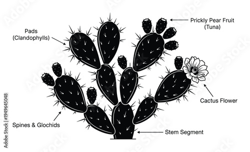 Prickly pear cactus with fruits flower pads spines and stem segments vector illustration