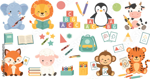 Cute Animal School Activity Set with Lion, Elephant, Penguin, Fox, Monkey, Tiger and Learning Supplies Cartoon Vector IllustrationCute Animal School Activity Set with Lion, Elephant, Penguin, Fox, Mon