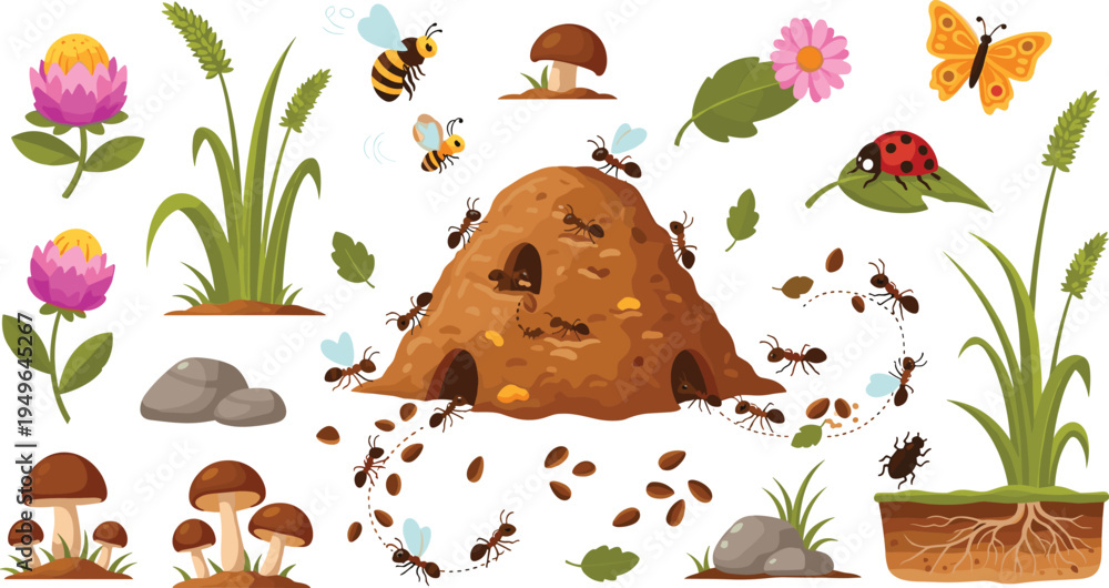Obraz premium Cute insect vector illustration set with anthill colony ants bees ladybug butterfly mushrooms and garden plants isolated on white background for children.Cute insect vector illustration set with anthi