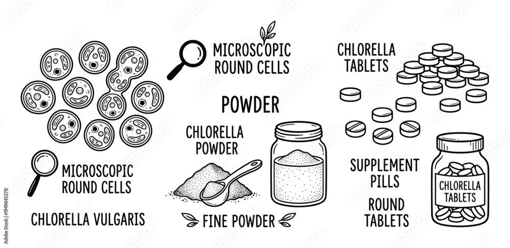 Naklejka premium Chlorella vulgaris illustration depicting microscopic round cells, powder, chlorella tablets, supplement pills, and round tablets