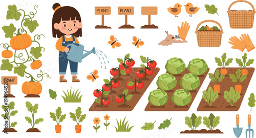 Cute girl gardening vector illustration set with pumpkins cabbage tomatoes watering can baskets and garden tools isolated on white background for children.Cute girl gardening vector illustration set w