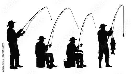 Four men fishing with rods and reels in various poses