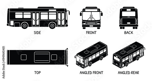 Black silhouette bus icons showing multiple perspective and orthographic views