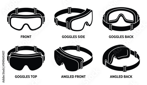 Goggles set with different views front, side, back, top, angled front, and angled back
