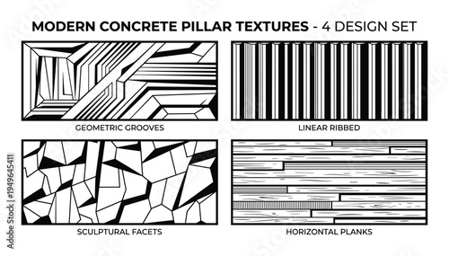 Modern concrete pillar textures, 4 design set, geometric grooves, linear ribbed, sculptural facets, horizontal planks