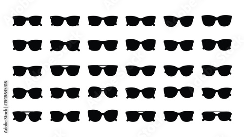 A collection of black sunglasses on a white background