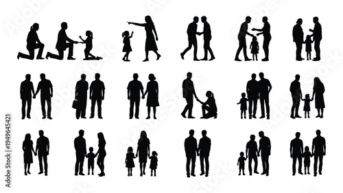 A collection of black silhouettes of people in various poses and groups