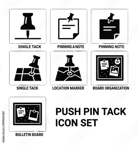 Push pin tack icon set with various uses including single tack and board organization