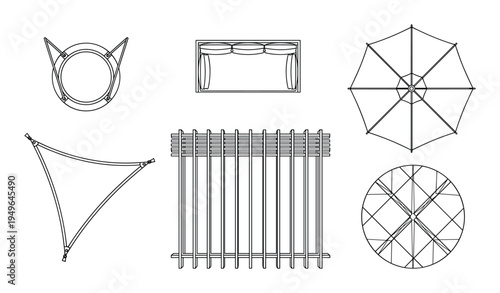 Architectural plan landscape design elements vector illustration, top view of garden furniture and objects
