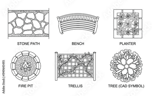 Landscape design elements set including stone path, bench, planter, fire pit, trellis and tree symbol