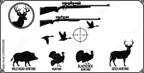 Silhouette illustration of hunting theme with deer emblem, rifles, birds, crosshair, and labeled animal hunting icons for wildlife, sport, culture, and design projects