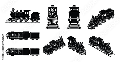Collection of black silhouette steam locomotives and carriages in various isometric and front views