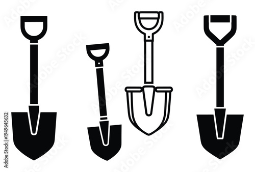 Collection of shovel icons in black solid and outline forms for graphic design