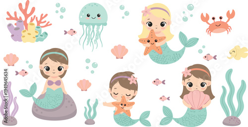 Cute Mermaid Characters and Underwater Sea Creatures Collection with Jellyfish, Crab, Fish, Coral and Ocean Elements Cartoon Vector IllustrationCute Mermaid Characters and Underwater Sea Creatures Col