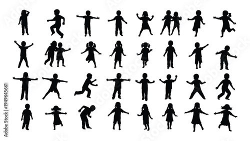Collection of black silhouettes of people in various dance poses