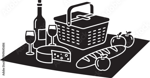 Picnic Setup with Wine and Food Basket Illustration