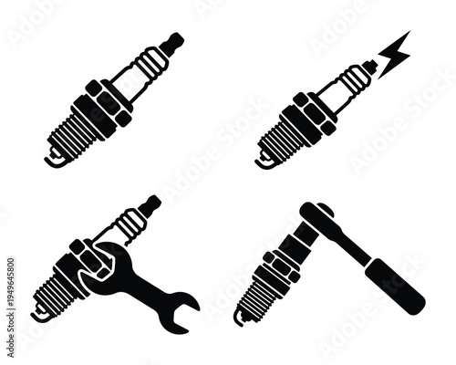 Spark plug icons with repair tools representing automotive maintenance and ignition service