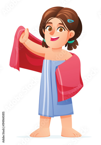 Happy girl wrapped in blue towel holding up red towel and smiling cheerfully. Vector cartoon character illustration