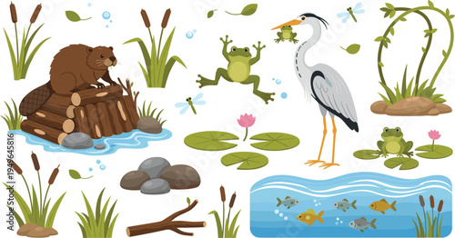 Cute Pond Wildlife Cartoon Set with Beaver, Frog, Heron, Fish, Water Plants, Lily Pads and Wetland Nature ElementsCute Pond Wildlife Cartoon Set with Beaver, Frog, Heron, Fish, Water Plants, Lily Pads