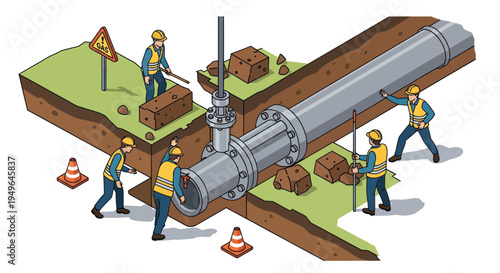 Workers installing large pipeline with valve in trench.