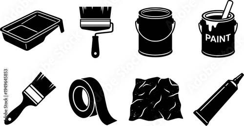 Close up silhouette set of painting tools roller brush paint can tray tape and drop cloth arranged on white background