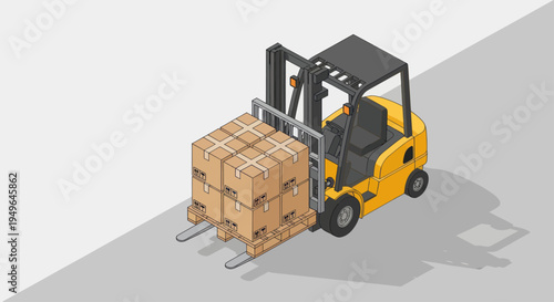Yellow Forklift Truck Carrying Pallet of Cardboard Boxes.