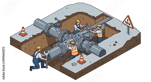 Workers repairing underground water pipe system in city.