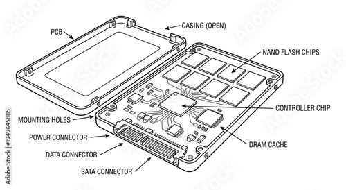 Solid state drive exploded view with internal components: casing, PCB, NAND flash, controller chip, DRAM cache, connectors