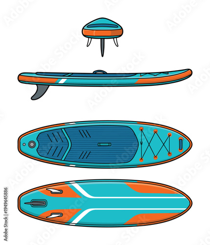 Inflatable stand up paddle board design with various view angles and equipment details