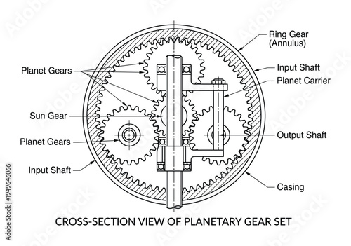 Cross section view of planetary gear set mechanism with labels for engineering study