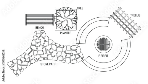 Garden landscape design elements top view with bench planter fire pit trellis and stone path