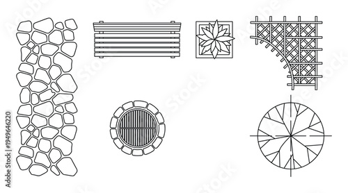 Garden planning icons with paving stone pattern wooden bench flower box and circular fire pit