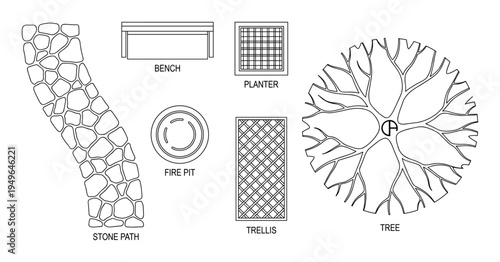 Top view landscape architectural elements for garden design, featuring stone path, bench, planter, fire pit, trellis, and tree