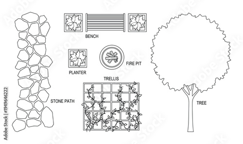 Garden elements top view with tree stone path bench planter fire pit and trellis