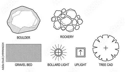 Collection of landscaping elements and outdoor furniture top view line drawings