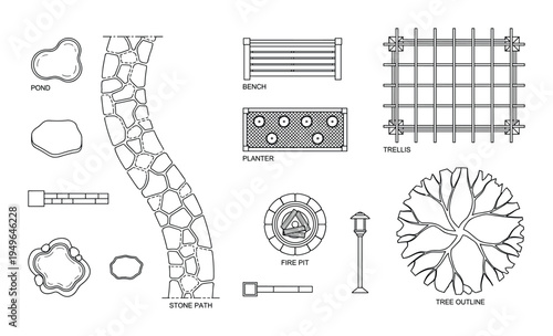 Collection of top view landscape elements for garden and architectural design: pond, path, bench, planter, fire pit, lamp, tree