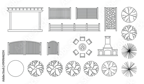 Landscape design elements architectural plan set outdoor furniture trees fence gate pergola fireplace fire pit
