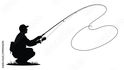 Man casting a fishing rod in a crouching position