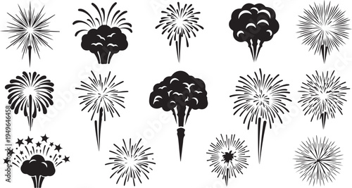 Fireworks Explosions in Black and White Vector Illustrations