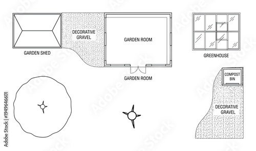 Comprehensive collection of garden and outdoor room elements for landscape architectural design plans