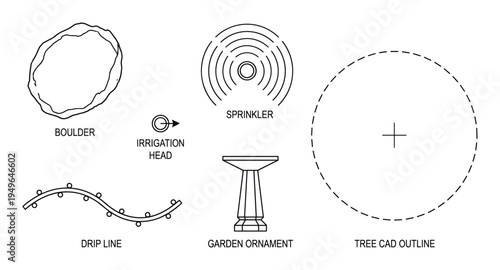 Garden irrigation and decorative landscape elements for site plan visualization